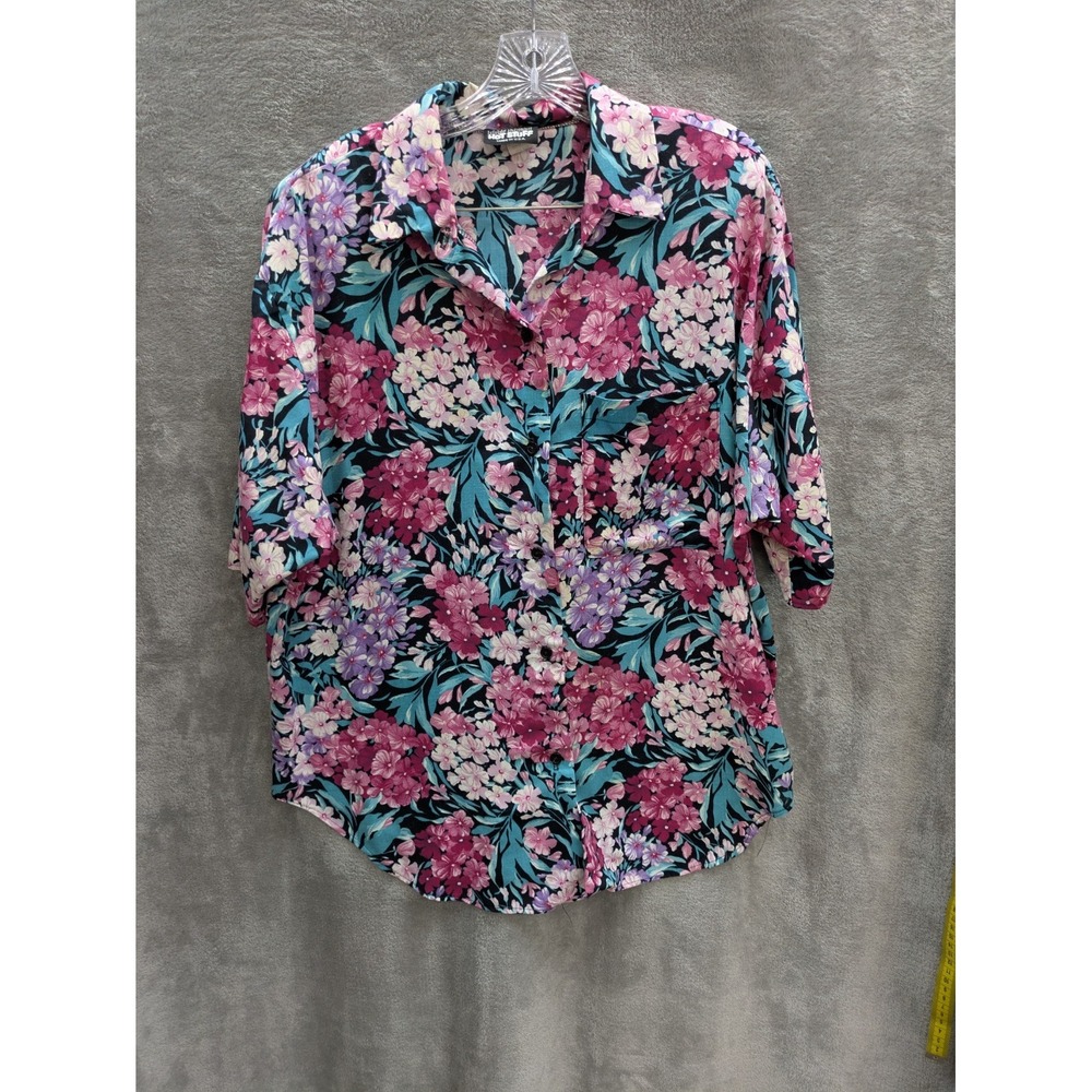 Hot Stuff Women's Vintage Floral Shirt Size 2X Pink Teal Button Up 80s